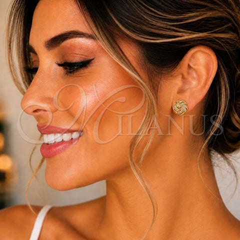 Oro Laminado Stud Earring, Gold Filled Style Love Knot Design, with White Micro Pave, Polished, Golden Finish, 02.342.0123