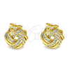 Oro Laminado Stud Earring, Gold Filled Style Love Knot Design, with White Micro Pave, Polished, Golden Finish, 02.342.0123