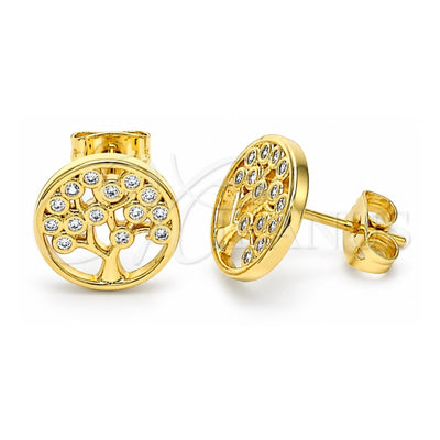 Oro Laminado Stud Earring, Gold Filled Style Tree Design, with White Micro Pave, Polished, Golden Finish, 02.342.0125