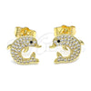 Oro Laminado Stud Earring, Gold Filled Style Dolphin Design, with White and Black Micro Pave, Polished, Golden Finish, 02.156.0584
