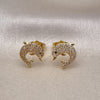 Oro Laminado Stud Earring, Gold Filled Style Dolphin Design, with White and Black Micro Pave, Polished, Golden Finish, 02.156.0584