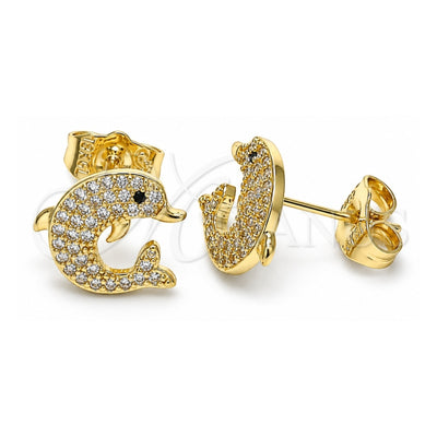 Oro Laminado Stud Earring, Gold Filled Style Dolphin Design, with White and Black Micro Pave, Polished, Golden Finish, 02.156.0584