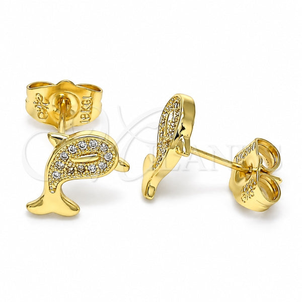 Oro Laminado Stud Earring, Gold Filled Style Dolphin Design, with White Micro Pave, Polished, Golden Finish, 02.156.0586