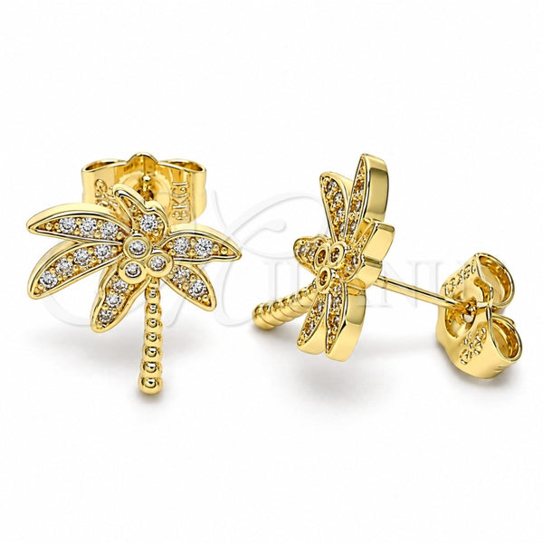 Oro Laminado Stud Earring, Gold Filled Style Tree Design, with White Cubic Zirconia and White Micro Pave, Polished, Golden Finish, 02.156.0588