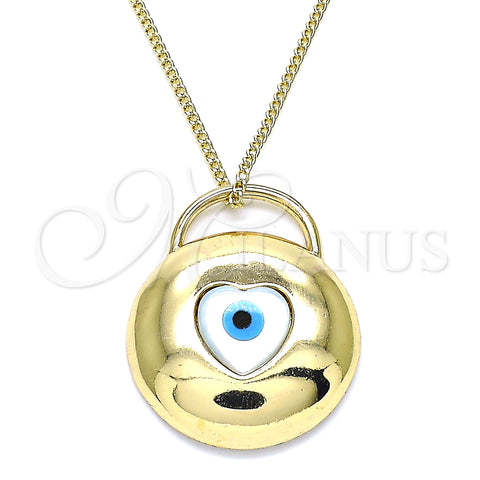 Oro Laminado Pendant Necklace, Gold Filled Style Evil Eye and Heart Design, with White Mother of Pearl, Polished, Golden Finish, 04.156.0423.20 (02 MM Thickness, 20 Inches Length)