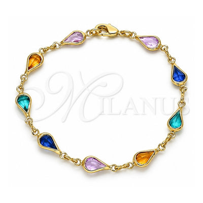 Oro Laminado Fancy Bracelet, Gold Filled Style Teardrop Design, with Multicolor Crystal, Polished, Golden Finish, 03.386.0018.07 (06 MM Thickness, 7 Inches Length)