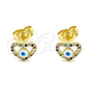 Oro Laminado Stud Earring, Gold Filled Style Evil Eye and Heart Design, with Multicolor Micro Pave, White Enamel Finish, Golden Finish, 02.156.0591.1
