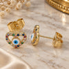 Oro Laminado Stud Earring, Gold Filled Style Evil Eye and Heart Design, with Multicolor Micro Pave, White Enamel Finish, Golden Finish, 02.156.0591.1
