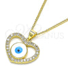 Oro Laminado Pendant Necklace, Gold Filled Style Evil Eye and Heart Design, with White Micro Pave, White Enamel Finish, Golden Finish, 04.156.0424.20 (02 MM Thickness, 20 Inches Length)