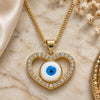 Oro Laminado Pendant Necklace, Gold Filled Style Evil Eye and Heart Design, with White Micro Pave, White Enamel Finish, Golden Finish, 04.156.0424.20 (02 MM Thickness, 20 Inches Length)