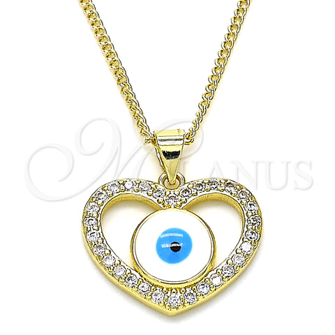 Oro Laminado Pendant Necklace, Gold Filled Style Evil Eye and Heart Design, with White Micro Pave, White Enamel Finish, Golden Finish, 04.156.0424.20 (02 MM Thickness, 20 Inches Length)