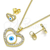Oro Laminado Earring and Pendant Adult Set, Gold Filled Style Evil Eye and Heart Design, with White Micro Pave, White Enamel Finish, Golden Finish, 10.156.0384