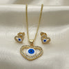 Oro Laminado Earring and Pendant Adult Set, Gold Filled Style Evil Eye and Heart Design, with White Micro Pave, White Enamel Finish, Golden Finish, 10.156.0384