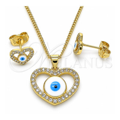 Oro Laminado Earring and Pendant Adult Set, Gold Filled Style Evil Eye and Heart Design, with White Micro Pave, White Enamel Finish, Golden Finish, 10.156.0384