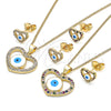 Oro Laminado Earring and Pendant Adult Set, Gold Filled Style Evil Eye and Heart Design, with White Micro Pave, White Enamel Finish, Golden Finish, 10.156.0384
