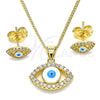 Oro Laminado Earring and Pendant Adult Set, Gold Filled Style Evil Eye Design, with White Micro Pave, White Enamel Finish, Golden Finish, 10.156.0385