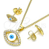 Oro Laminado Earring and Pendant Adult Set, Gold Filled Style Evil Eye Design, with White Micro Pave, White Enamel Finish, Golden Finish, 10.156.0385