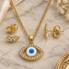 Oro Laminado Earring and Pendant Adult Set, Gold Filled Style Evil Eye Design, with White Micro Pave, White Enamel Finish, Golden Finish, 10.156.0385