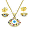 Oro Laminado Earring and Pendant Adult Set, Gold Filled Style Evil Eye Design, with Multicolor Micro Pave, White Enamel Finish, Golden Finish, 10.156.0385.1
