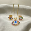 Oro Laminado Earring and Pendant Adult Set, Gold Filled Style Evil Eye Design, with Multicolor Micro Pave, White Enamel Finish, Golden Finish, 10.156.0385.1