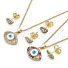 Oro Laminado Earring and Pendant Adult Set, Gold Filled Style Evil Eye Design, with Multicolor Micro Pave, White Enamel Finish, Golden Finish, 10.156.0385.1