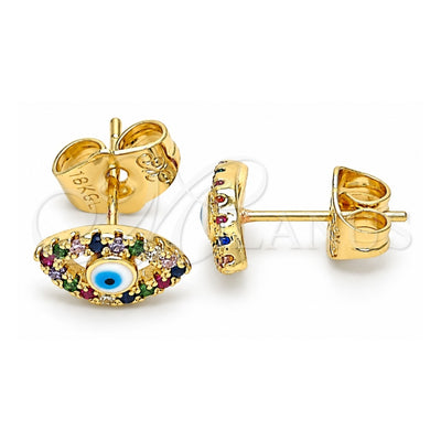 Oro Laminado Stud Earring, Gold Filled Style Evil Eye Design, with Multicolor Micro Pave, White Enamel Finish, Golden Finish, 02.156.0592.1
