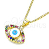 Oro Laminado Pendant Necklace, Gold Filled Style Evil Eye Design, with Multicolor Micro Pave, White Enamel Finish, Golden Finish, 04.156.0425.1.20 (02 MM Thickness, 20 Inches Length)