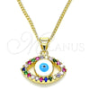 Oro Laminado Pendant Necklace, Gold Filled Style Evil Eye Design, with Multicolor Micro Pave, White Enamel Finish, Golden Finish, 04.156.0425.1.20 (02 MM Thickness, 20 Inches Length)