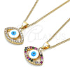 Oro Laminado Pendant Necklace, Gold Filled Style Evil Eye Design, with Multicolor Micro Pave, White Enamel Finish, Golden Finish, 04.156.0425.1.20 (02 MM Thickness, 20 Inches Length)