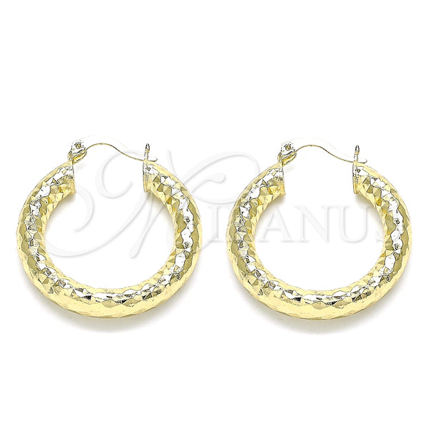 Gold Filled Hoop Earrings — Medium Hoop Hollow Design Diamond Cutting 02. — main product view — SKU 145079 | Oro Laminado aretes de aro — Medium Hoop Hollow diseño Diamond Cutting 02. — SKU 145079