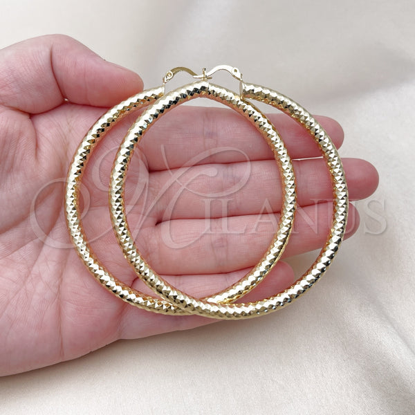 Gold Filled Hoop Earrings — Extra Large Hoop Hollow Design Diamond Cutting 02. — alternate product view — SKU 145080 | Oro Laminado aretes de aro — Extra Large Hoop Hollow diseño Diamond Cutting 02. — SKU 145080