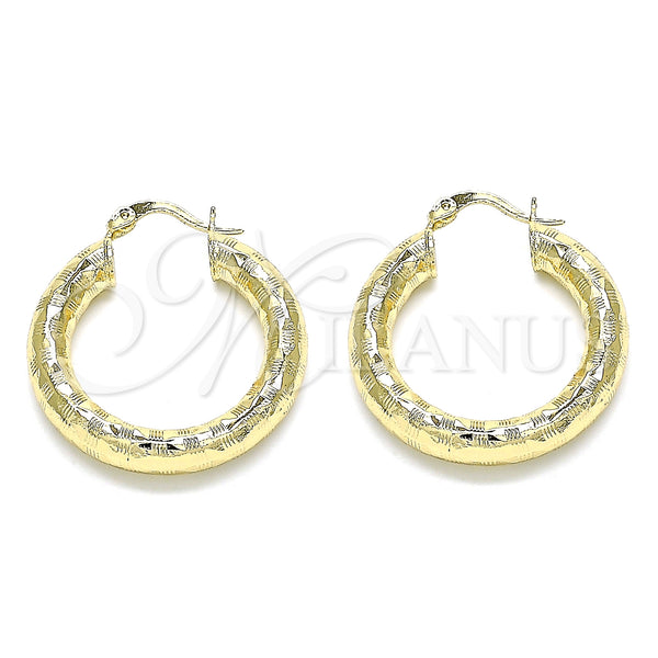Gold Filled Hoop Earrings — Medium Hoop Hollow Design Diamond Cutting 02. — main product view — SKU 145083 | Oro Laminado aretes de aro — Medium Hoop Hollow diseño Diamond Cutting 02. — SKU 145083