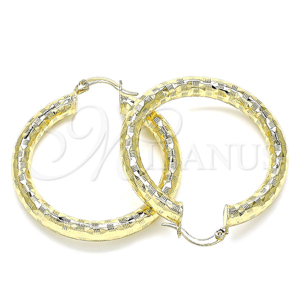 Gold Filled Hoop Earrings — Medium Hoop Hollow Design Diamond Cutting 02. — main product view — SKU 145084 | Oro Laminado aretes de aro — Medium Hoop Hollow diseño Diamond Cutting 02. — SKU 145084