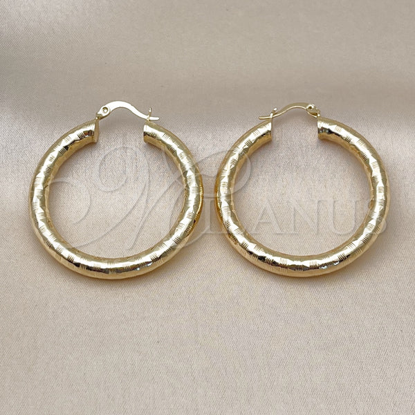 Gold Filled Hoop Earrings — Medium Hoop Hollow Design Diamond Cutting 02. — alternate product view — SKU 145084 | Oro Laminado aretes de aro — Medium Hoop Hollow diseño Diamond Cutting 02. — SKU 145084