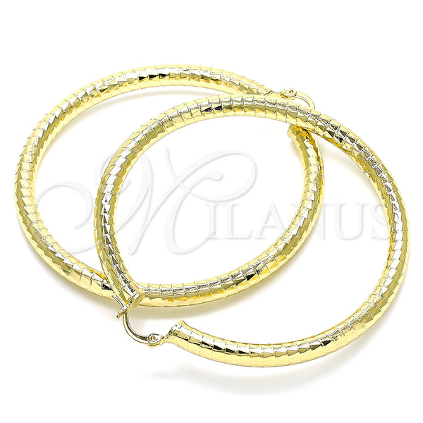 Gold Filled Hoop Earrings — Extra Large Hoop Hollow Design Diamond Cutting 02. — main product view — SKU 145090 | Oro Laminado aretes de aro — Extra Large Hoop Hollow diseño Diamond Cutting 02. — SKU 145090
