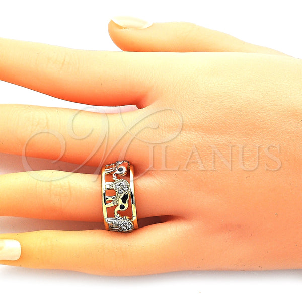 Oro Laminado Multi Stone Ring, Gold Filled Style Elephant Design, with White and Black Crystal, Polished, Tricolor, 01.380.0001.1.08 (Size 8)