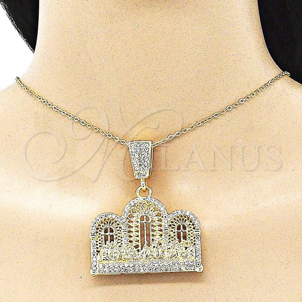 Oro Laminado Religious Pendant, Gold Filled Style with White Crystal, Polished, Golden Finish, 05.380.0146