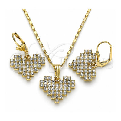 Oro Laminado Earring and Pendant Adult Set, Gold Filled Style Heart Design, with White Crystal, Polished, Golden Finish, 10.380.0003