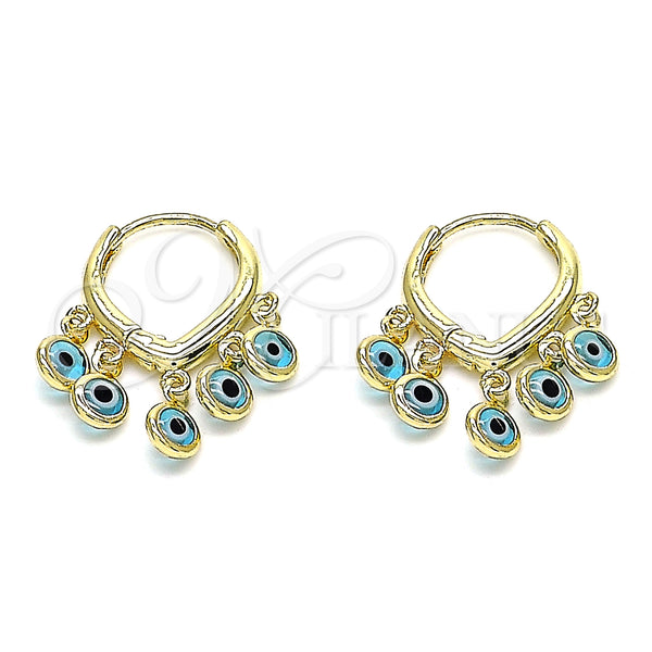 Gold Filled Hoop Earrings — Huggie Hoop Evil Eye Design Azul claro Resin — main product view — SKU 145110 | Oro Laminado aretes de aro — Huggie Hoop Evil Eye diseño Azul claro Resin — SKU 145110