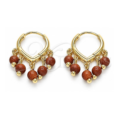 Oro Laminado Huggie Hoop, Gold Filled Style with Brown Goldstone Venturina, Polished, Golden Finish, 02.63.2715.15