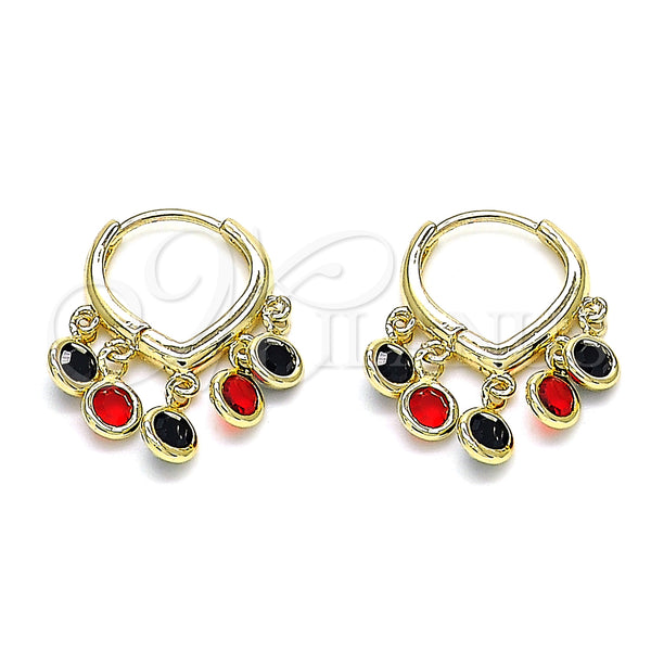 Gold Filled Hoop Earrings — Huggie Hoop with Black and Garnet Crystal Polished — main product view — SKU 145116 | Oro Laminado aretes de aro — Huggie Hoop with negro and Garnet cristal pulido — SKU 145116