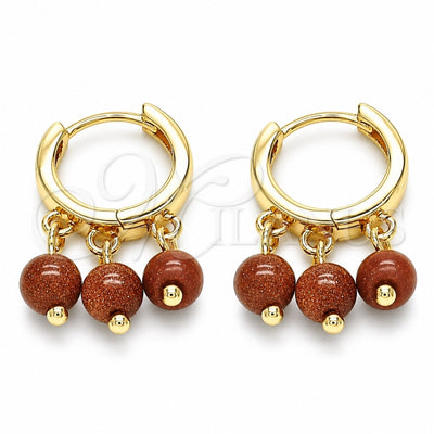 Oro Laminado Huggie Hoop, Gold Filled Style with Brown Goldstone Venturina, Polished, Golden Finish, 02.63.2724.15