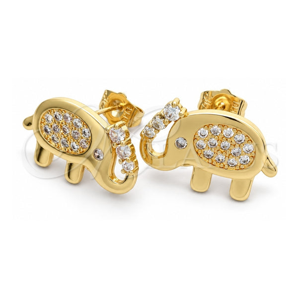 Oro Laminado Stud Earring, Gold Filled Style Elephant Design, with White Micro Pave, Polished, Golden Finish, 02.377.0016.1