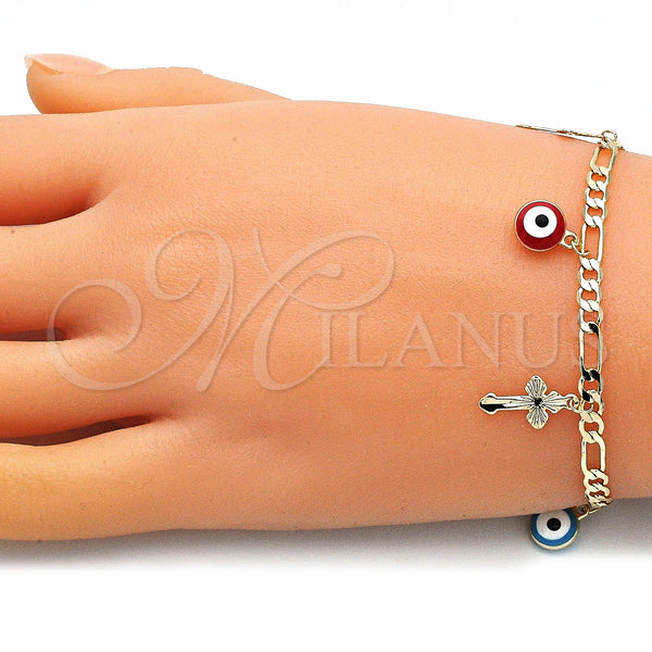 Gold Filled Bracelet — Charm Bracelet Evil Eye and Cross Design Multicolor — alternate product view — SKU 145177 | Oro Laminado brazalete — Charm Bracelet Evil Eye and cruz diseño Multicolor — SKU 145177