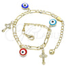 Oro Laminado Charm Bracelet, Gold Filled Style Evil Eye and Cross Design, Multicolor Enamel Finish, Golden Finish, 03.213.0134.07 (04 MM Thickness, 7 Inches Length)