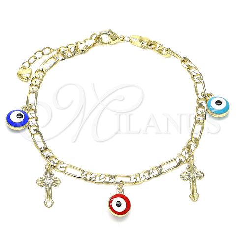 Oro Laminado Charm Bracelet, Gold Filled Style Evil Eye and Cross Design, Multicolor Enamel Finish, Golden Finish, 03.213.0134.07 (04 MM Thickness, 7 Inches Length)