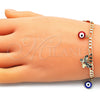 Oro Laminado Charm Bracelet, Gold Filled Style Evil Eye and Butterfly Design, Multicolor Enamel Finish, Golden Finish, 03.213.0135.07 (04 MM Thickness, 7 Inches Length)