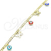 Oro Laminado Charm Bracelet, Gold Filled Style Evil Eye and Butterfly Design, Multicolor Enamel Finish, Golden Finish, 03.213.0135.07 (04 MM Thickness, 7 Inches Length)