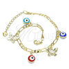 Oro Laminado Charm Bracelet, Gold Filled Style Evil Eye and Butterfly Design, Multicolor Enamel Finish, Golden Finish, 03.213.0135.07 (04 MM Thickness, 7 Inches Length)