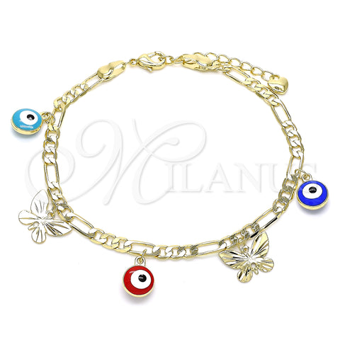 Oro Laminado Charm Bracelet, Gold Filled Style Evil Eye and Butterfly Design, Multicolor Enamel Finish, Golden Finish, 03.213.0135.07 (04 MM Thickness, 7 Inches Length)